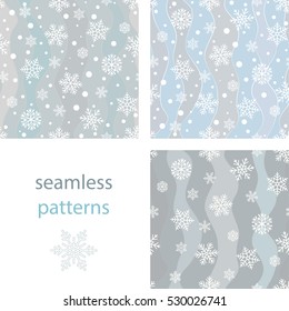 Set of seamless background with snowflakes and snowballs and winding wavy lines on a blue pastel background
