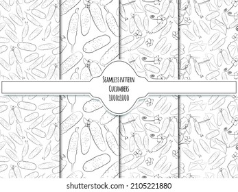A set of seamless background. Vector line art style. Vegetable. Cucumber. Isolated on white background. Black and white version. 1000x1000