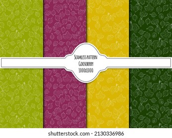 Un conjunto de fondo transparente con gooseberry. Dibujo de líneas y contorno blanco en fondos de color. Las líneas tienen anchos diferentes. gráficos vectoriales, 1000 por 1000.