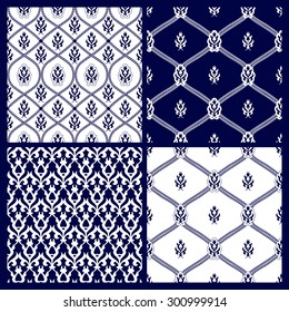 Set of seamless  background.Navy blue and white ornaments. Geometric patterns. Vector illustration