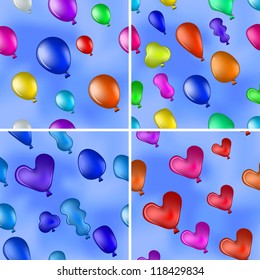 Set of seamless backgrounds with balloons of various colors flying in the blue sky. Vector