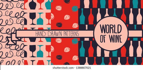 Set of seamless backgrounds with bottles and glasses for wine and abstract seamless ornaments, "world of wine" patterns, sketch style vector illustration