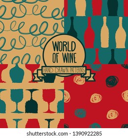 Set of seamless backgrounds with bottles and glasses for wine and abstract seamless ornaments, "world of wine" patterns, sketch style vector illustration