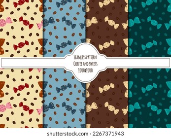 Eine Reihe nahtloser Hintergründe mit Kaffeebohnen und Bonbons, Süßigkeiten. Vektorgrafiken.