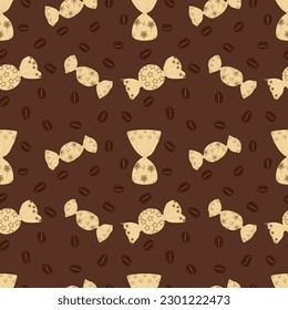 A set of seamless backgrounds with coffee beans and candies, sweets. Vector graphics.