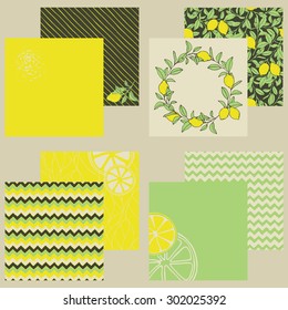Set of seamless backgrounds and covers in retro style. Hand-painted design in lemon tones.