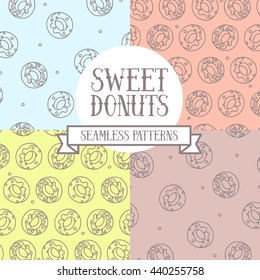 Set of seamless backgrounds with cute doodle donuts, can be used as decor for bakery, vector illustration