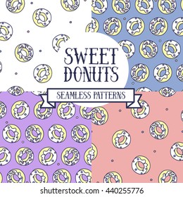 Set of seamless backgrounds with cute doodle donuts, can be used as decor for bakery, vector illustration