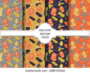 A set of seamless backgrounds with doodle flowers, vector grafic.