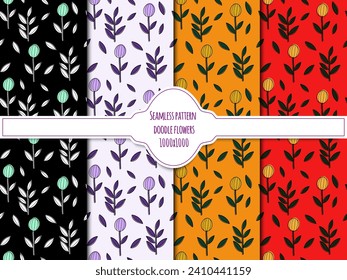 A set of seamless backgrounds with doodle flowers, 1000x1000, vector graphics.