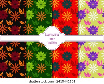 A set of seamless backgrounds with doodle flowers, 1000x1000, vector graphics.