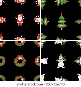 Set nahtlose Hintergründe von gezeichneten Weihnachtssymbolen, Tannenbaum, Weihnachtsmann, Schneemann, Kranz