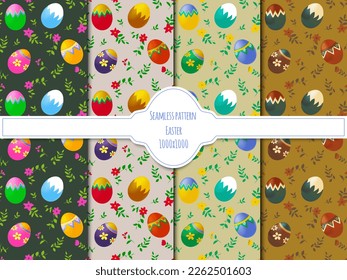 A set of seamless backgrounds with Easter eggs with a pattern and flowers, vector graphics 1000x1000 pixels.