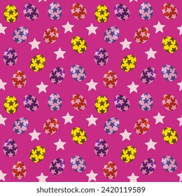 A set of seamless backgrounds with Easter eggs with a pattern and stars, vector graphics 1000x1000 pixels.