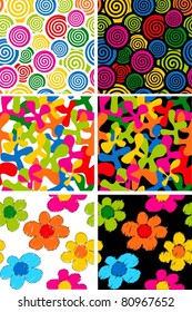 Set of seamless backgrounds with flowers, blots and spirals