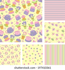 set of seamless backgrounds with flowers and tea utensils
