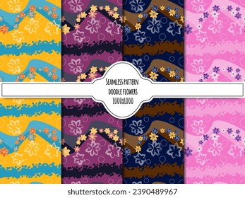 Un conjunto de espacios sin costura con flores y olas. Hay muchas flores alrededor de las cintas. Banda desigual en la parte superior. Gráficos vectoriales.