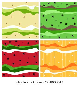 Set of seamless backgrounds. Fruit geometry, apple, orange, watermelon, kiwi. Geometric seamless pattern. Vector