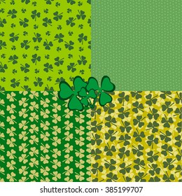 Set of seamless backgrounds in green and yellow colors.  Collection of abstract backgrounds with clover