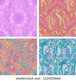 Set of seamless backgrounds. Gypsy, ethnic oriental boho design, Indian Asian or Arabic motifs, hippie, arabesque, tiled floral vector patterns. Mandalas and lotus flower.