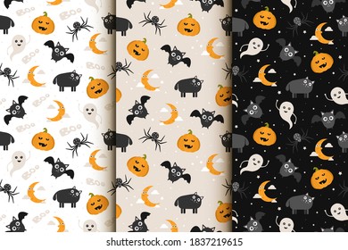 Set of seamless backgrounds with Halloween icons. Pattern with bat, cat, spider, ghost, pumpkin, moon for backdrop, wrapper, holiday card, children's holiday or clothing design, invitation, banner