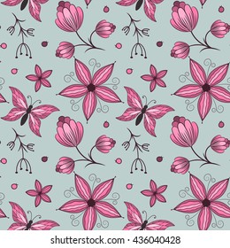 Set of seamless backgrounds with hand drawn colorful butterflies and flowers