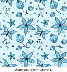 Set of seamless backgrounds with hand drawn colorful butterflies and flowers
