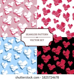 Set of seamless backgrounds with hearts. Hand drawn vector illustration. Scrapbooking elements for cards, prints, stickers, wallpaper, fabric, textile, gift paper. Love, wedding and Valentine's day.