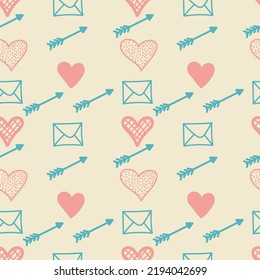 A set of seamless backgrounds with hearts, letters and arrows, for Valentine s Day, for a declaration of love. 1000x1000 pixels. Vector graphics.