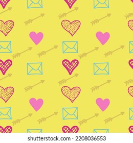 A set of seamless backgrounds with hearts, letters and arrows, for Valentine s Day, for a declaration of love. 1000x1000 pixels. Vector graphics.