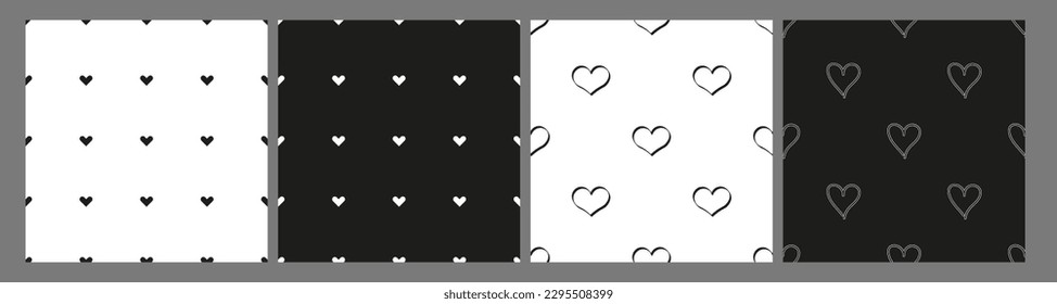 Set of seamless backgrounds with hearts. Patterns in black and white heart. Motives are scattered in a checkerboard pattern. love vector texture. Monochrome template for fashion prints.
