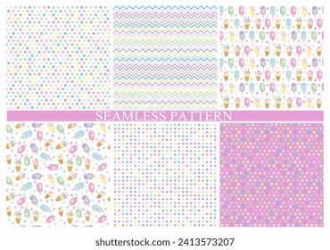 A set of seamless backgrounds with ice cream, dots, stars and zigzag. Fons of delicate pastel colors. For textiles, scrapbooking, wrapping paper. Vector Illustration.