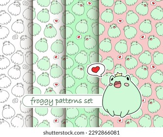 Set of seamless backgrounds. Lovely frogs. Cartoon characters. Love and friendship. Design for wrapping paper, textile and WEB.