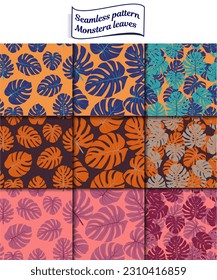 A set of seamless backgrounds with monstera leaves, vector graphic.