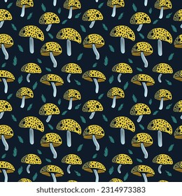 A set of seamless backgrounds with mushrooms, fly agarics, poisonous mushrooms and leaves. Vector graphics, 1000 by 1000