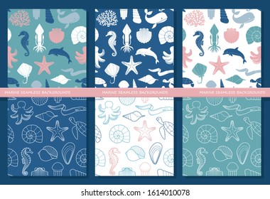 Set of seamless backgrounds on the theme of the sea and marine life