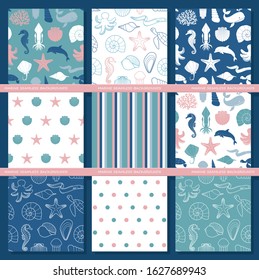 Set of seamless backgrounds on the theme of the sea and marine life