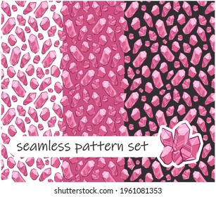 Set of seamless backgrounds. Pink crystals of various shapes. Shining crystals isolated on white, black and pink background. 