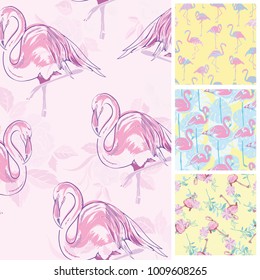 Set seamless backgrounds with pink flamingos and anchors, gray,
