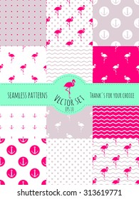 Set seamless backgrounds with pink flamingos and anchors, gray, 