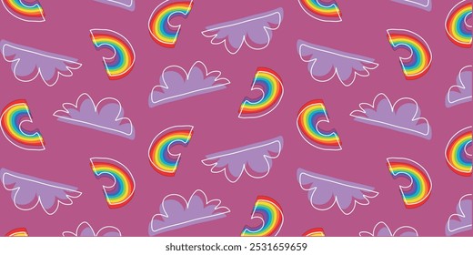 Nahtlose Hintergründe mit Regenbogen und Wolken. Modische handgezeichnete Texturen. Modernes abstraktes Design zum Verpacken von Papier, Cover, Textilien, Tapeten und anderen kreativen Projekten. Vektorgrafik