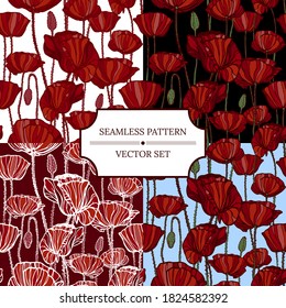 Set of seamless backgrounds with Red Poppies Flowers. Botanical vector illustration. Pattern for wallpaper, fabric, textile, gift paper, postal packaging