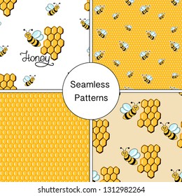 Set of seamless backgrounds. Repeating texture with the image of a bee with honey. Vector illustration in cartoon style