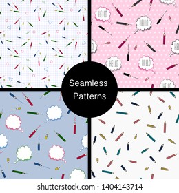 Set of seamless backgrounds. School pattern with color pencils and hand drawn speech bubbles. Vector illustration