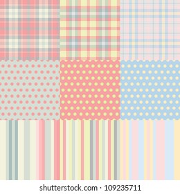 Set of seamless backgrounds with the Scottish square, dots and strips (eps10)