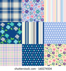Set of seamless backgrounds with the Scottish square, strips, dots and florets (eps10)