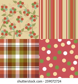 Set of seamless backgrounds with the Scottish square, strips, dots and florets (eps10)