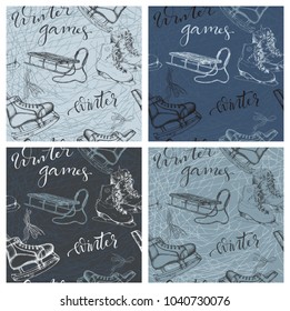 Set of seamless backgrounds with sketch ice skates, sledge and modern hand drawn lettering, vector illustration 