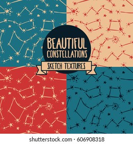 Set of seamless backgrounds with starry sky, sketch constellations and stars, vector illustration