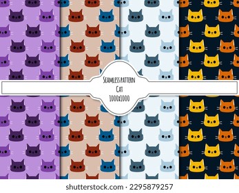 A set of seamless backgrounds, stylized cat heads in two colors, inversion. Vector Graphics